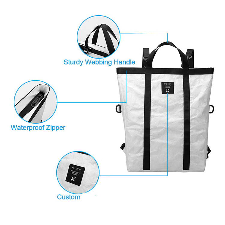 BSCI Factory hot sale fashion waterproof lightweight paper bag backpack environmentally friendly dupont paper mochila bag