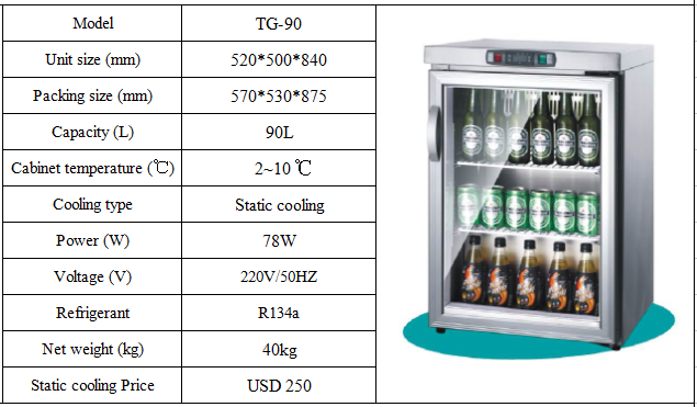 90L counter top glass door bar display mini freezer for beer