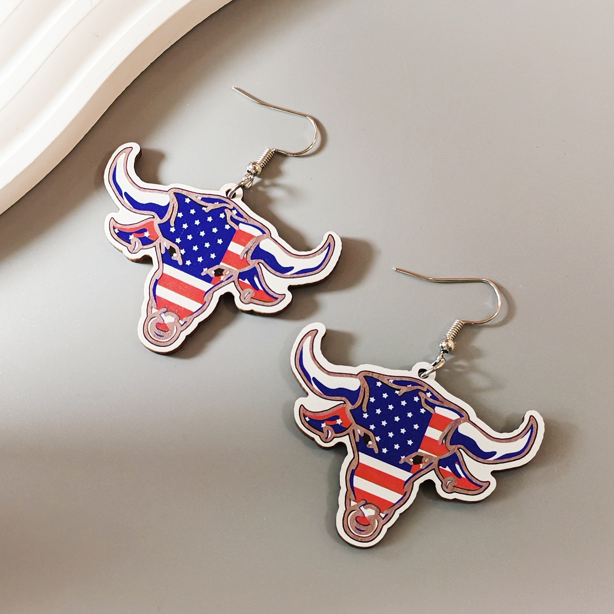 New popular Independence Day earrings Red white Blue striped print wooden earrings in the color of the flag