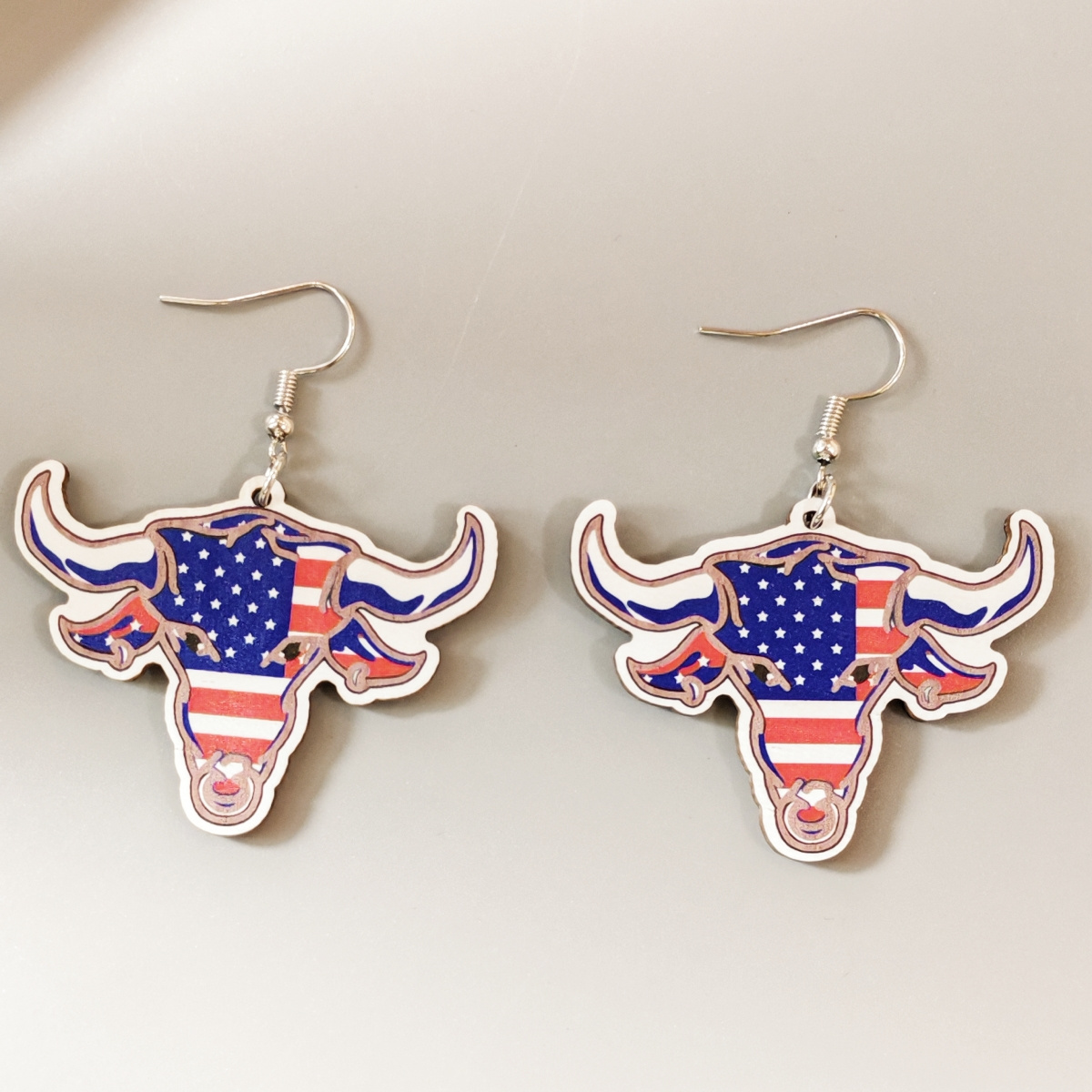 New popular Independence Day earrings Red white Blue striped print wooden earrings in the color of the flag