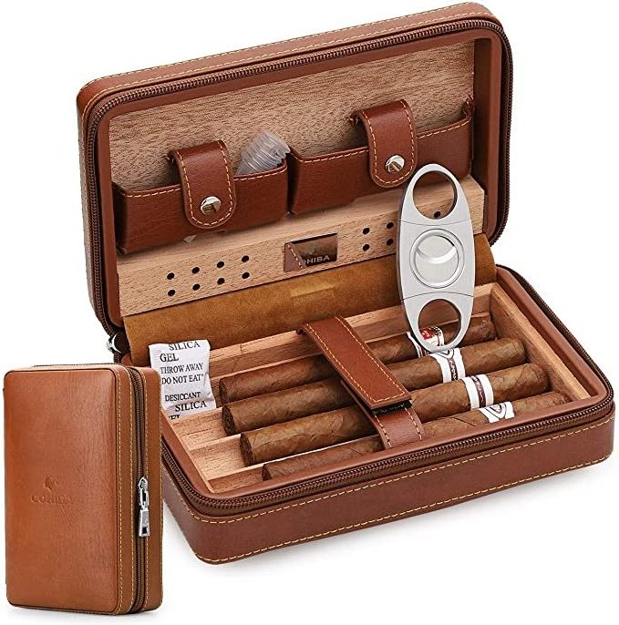 Personal Portable Carry 4 Finger Humidor Brown Leather Cigar Holder With Cutter Lighter Set Travel Cigar Case