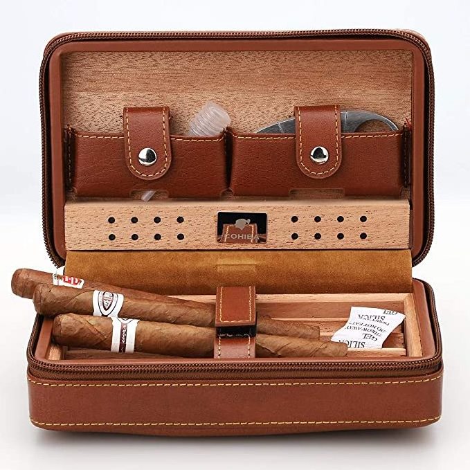 Personal Portable Carry 4 Finger Humidor Brown Leather Cigar Holder With Cutter Lighter Set Travel Cigar Case