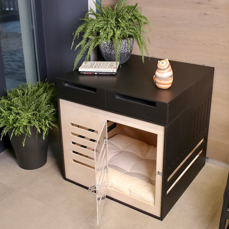 Modern Dog crate with two drawers and acrylic door with a latch