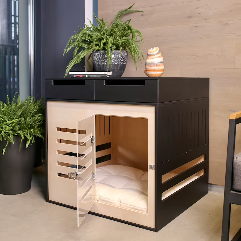 Modern Dog crate with two drawers and acrylic door with a latch