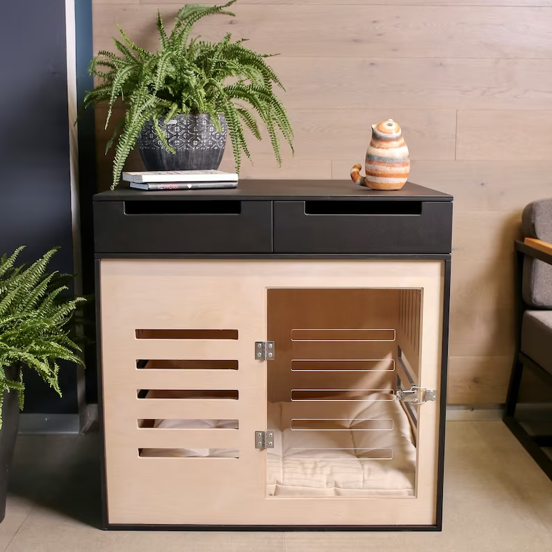 Modern Dog crate with two drawers and acrylic door with a latch