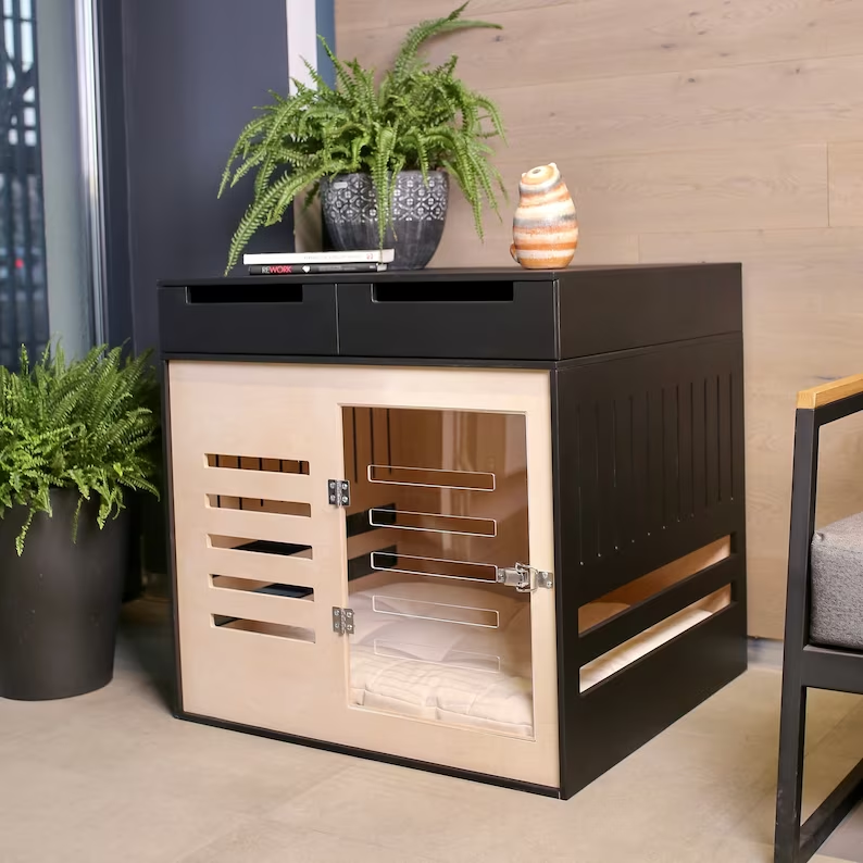 Modern Dog crate with two drawers and acrylic door with a latch