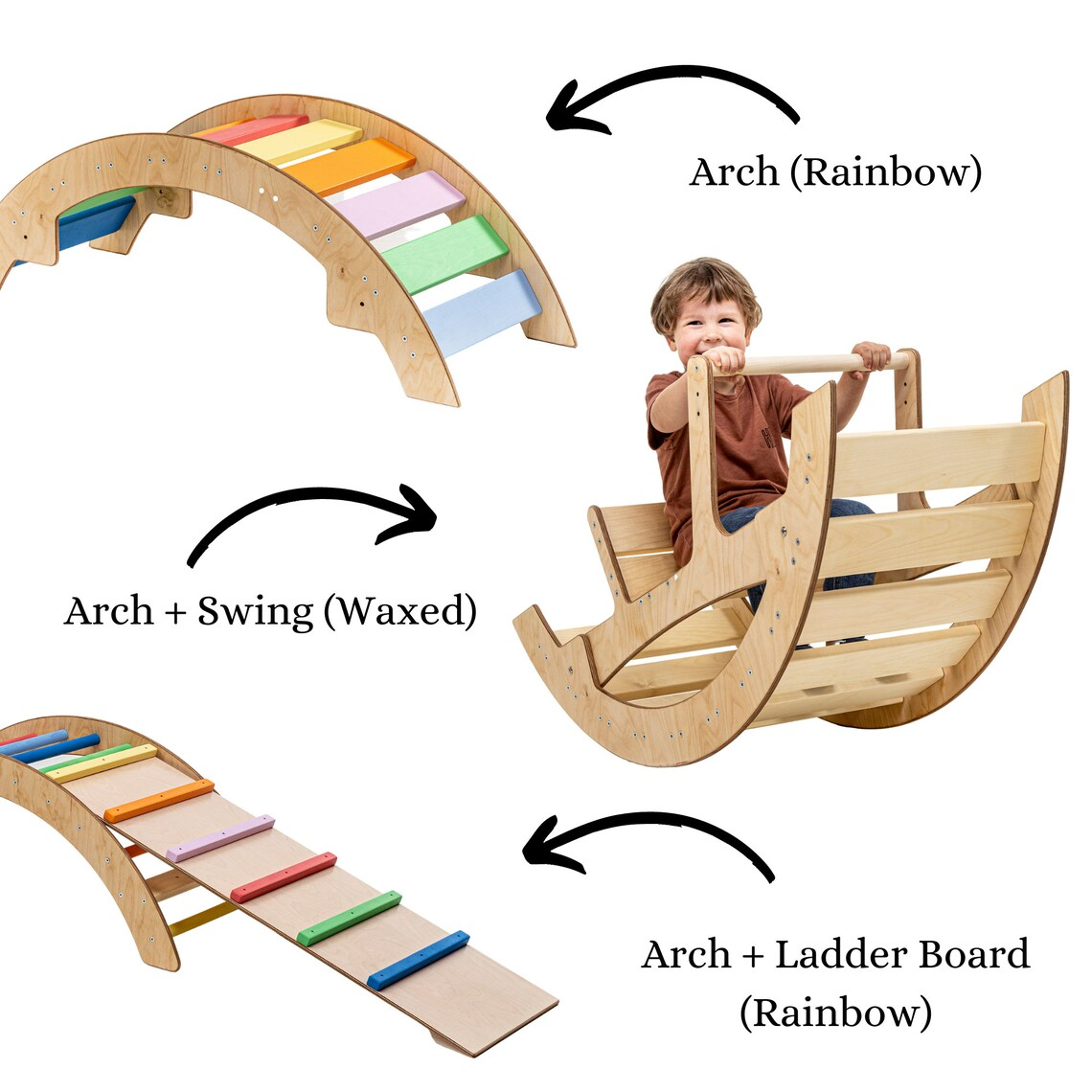 Indoor Wood Climbing Arch & Swing for Toddler Rocking Boat Stair Climber Montessori Balancing Wood Step Ladder Rocker