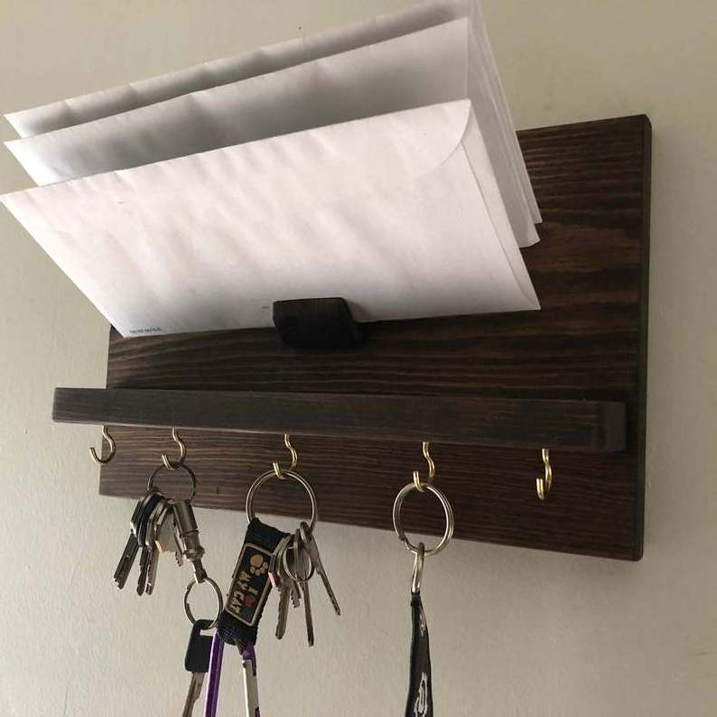 Rustic wooden mail holder rack and entryway organizer coat display wall shelf with hooks