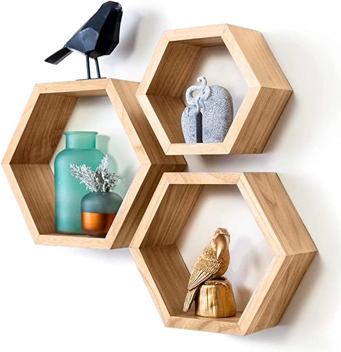 JUNJI Rustic Wall Shelf Home Decor Wooden Floating Cube Hexagon Wall Hanging Shelf for Living Room