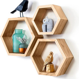 JUNJI Rustic Wall Shelf Home Decor Wooden Floating Cube Hexagon Wall Hanging Shelf for Living Room