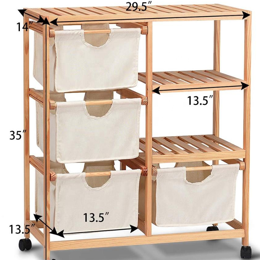 JUNJI Home Furniture Wood Hamper Storage Cart 2 Section Rolling Storage Shelf Unit Fabric Drawers Basket and 4 Wheels