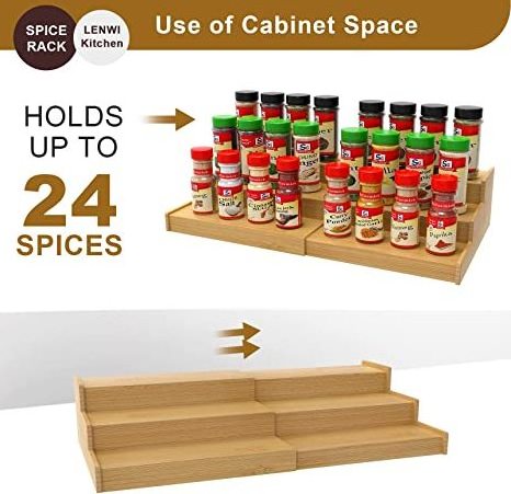 Spice Rack Organizer for Cabinet  Bamboo Spice Storage Rack 3 Tier Bamboo Expandable Spice Bottle Display Shelf