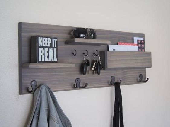 JUNJI Rustic Wood Key Holder for Wall and Mail Shelf Unique and Industrial Home Decor Wooden Entryway Organizer Holder Rack