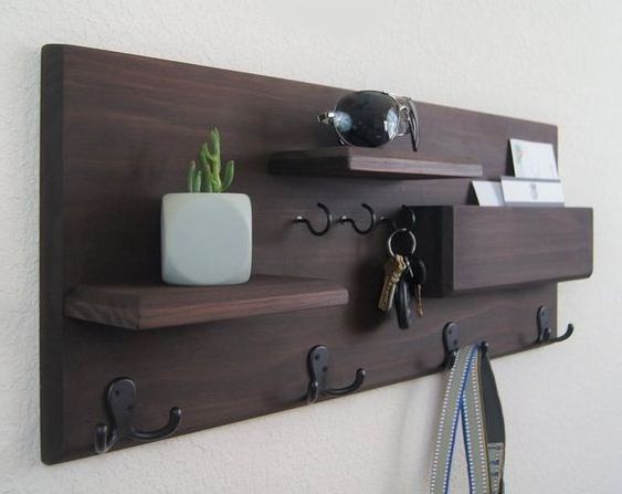 JUNJI Rustic Wood Key Holder for Wall and Mail Shelf Unique and Industrial Home Decor Wooden Entryway Organizer Holder Rack