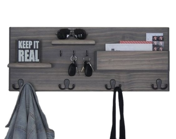 JUNJI Rustic Wood Key Holder for Wall and Mail Shelf Unique and Industrial Home Decor Wooden Entryway Organizer Holder Rack