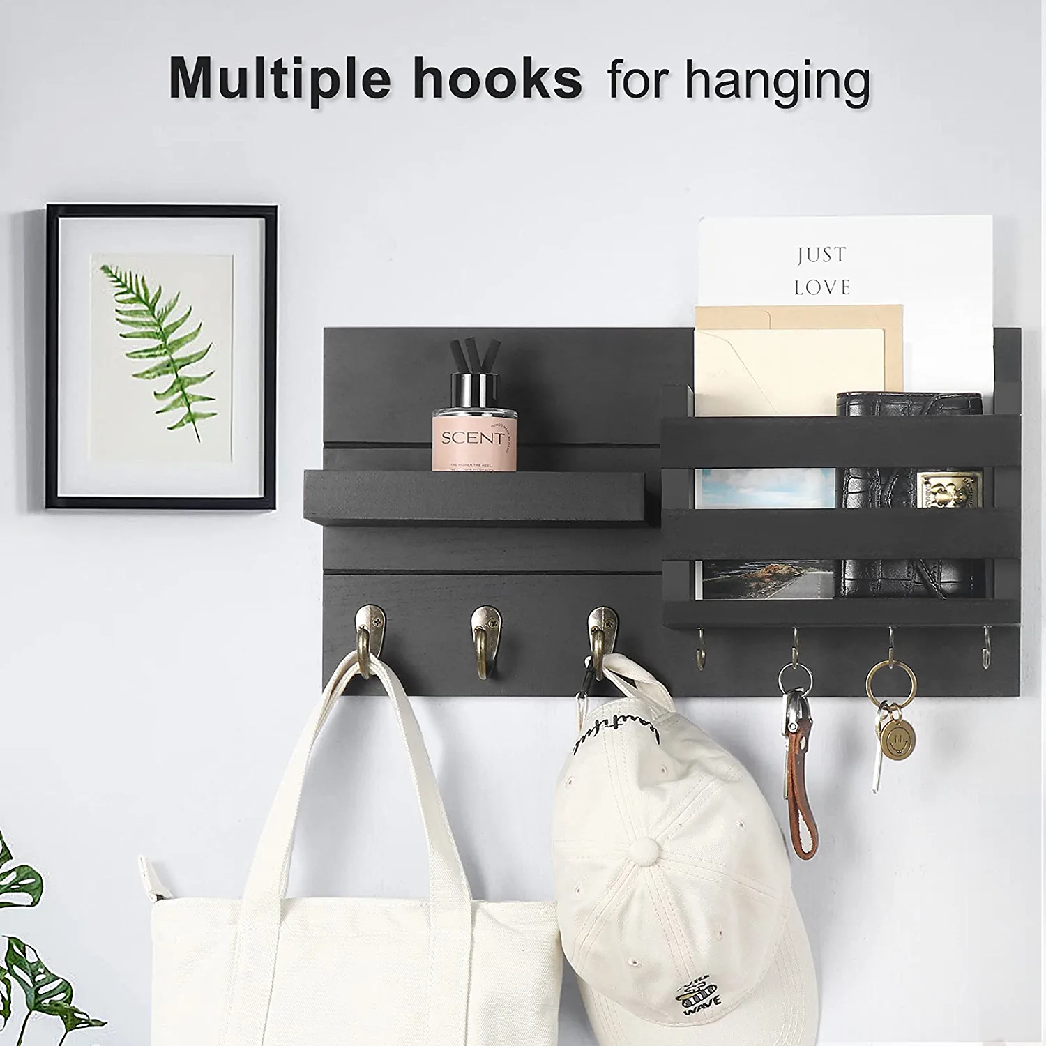 JUNJI Mail Organizer for Wall Mount  Black Key Holder with Shelf Includes Letter Holder and Hooks for Coats