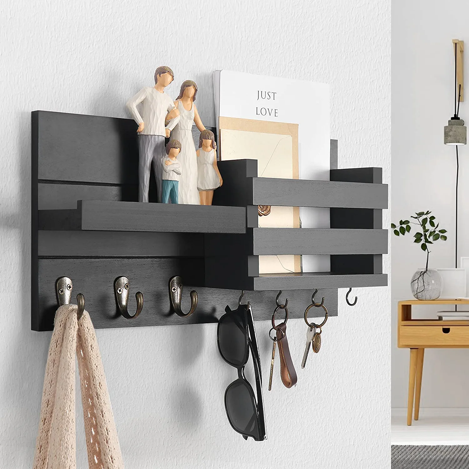 JUNJI Mail Organizer for Wall Mount  Black Key Holder with Shelf Includes Letter Holder and Hooks for Coats