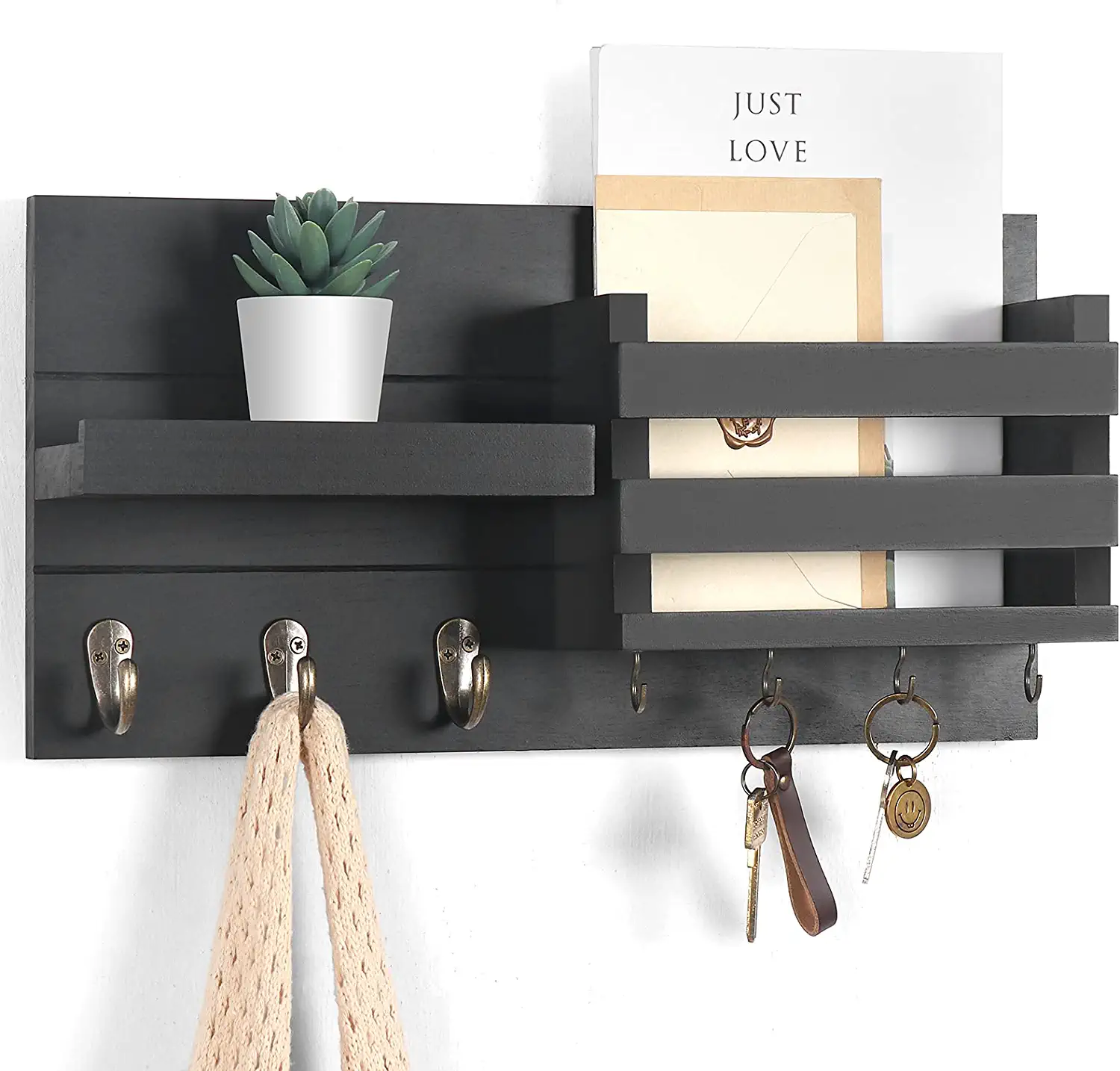 JUNJI Mail Organizer for Wall Mount  Black Key Holder with Shelf Includes Letter Holder and Hooks for Coats