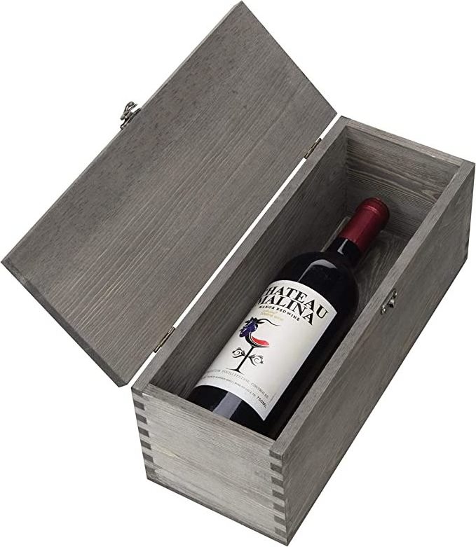 Junji Gray Wood Wine Bottle Holder Decorative Wooden Gift Box with Antique Brass Handle and Latch  Engraved Wine Bottle