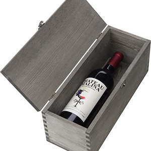 Junji Gray Wood Wine Bottle Holder Decorative Wooden Gift Box with Antique Brass Handle and Latch  Engraved Wine Bottle