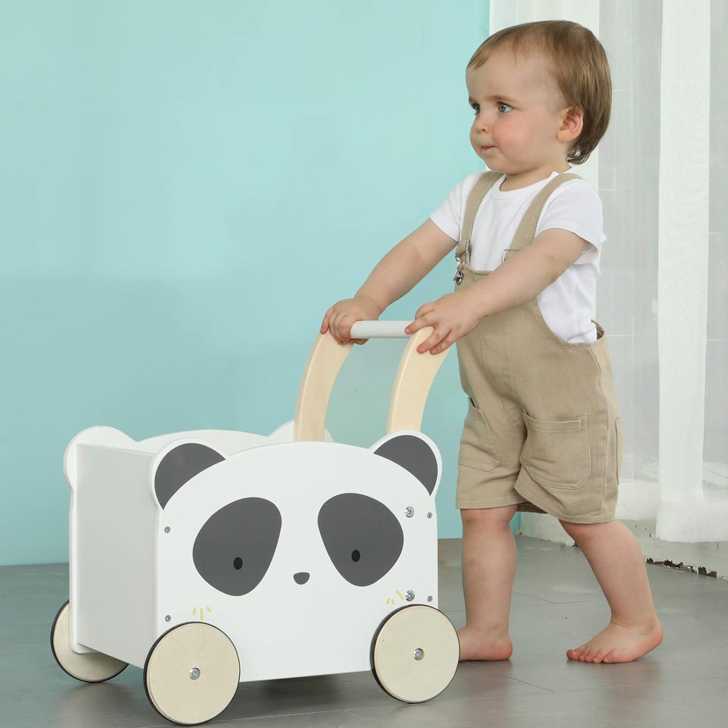 Baby Shower Gift 2-in-1 Toddler Push & Pull Toys Learning Walker Stroller Walker with Wheels Panda Wooden Baby Push Walker