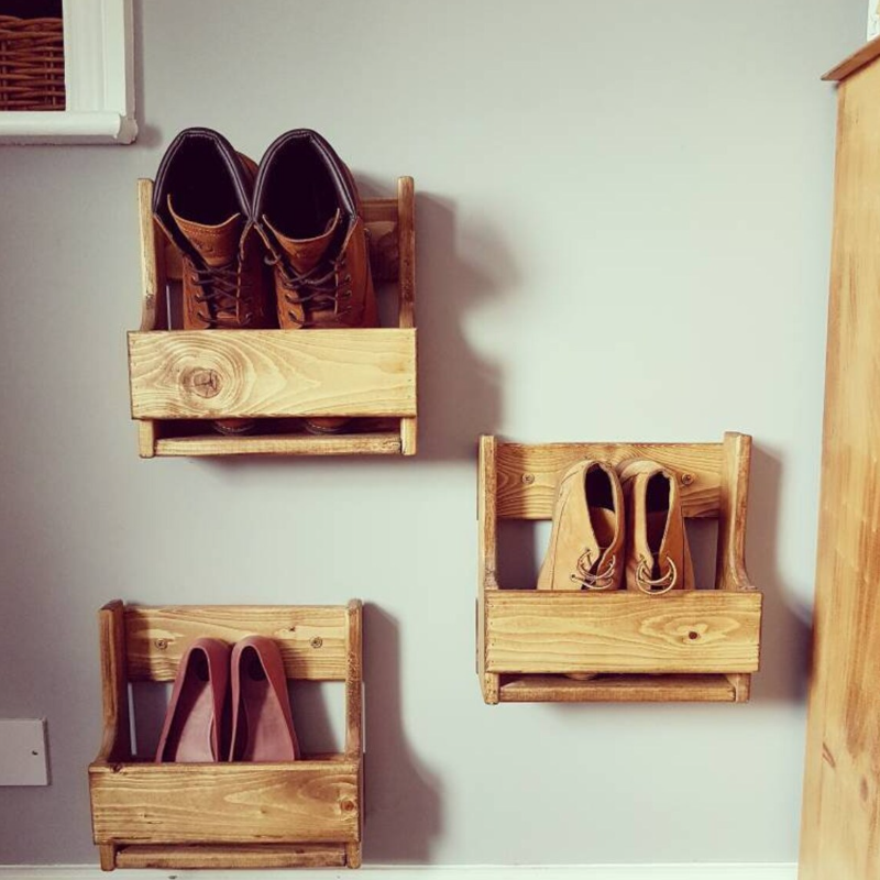 Wooden Shoe Racks Rustic Vintage Display Shelf Space Saver Shoe Storage Wall Mounted wooden Rack Floating shoe organizer