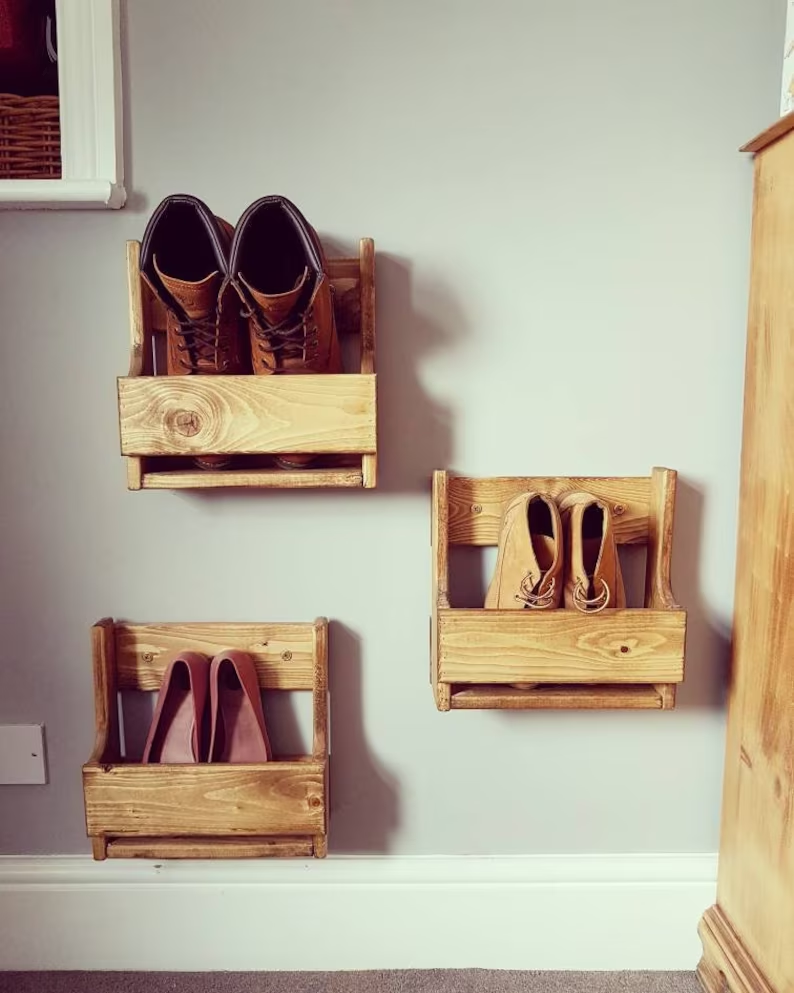 Wooden Shoe Racks Rustic Vintage Display Shelf Space Saver Shoe Storage Wall Mounted wooden Rack Floating shoe organizer