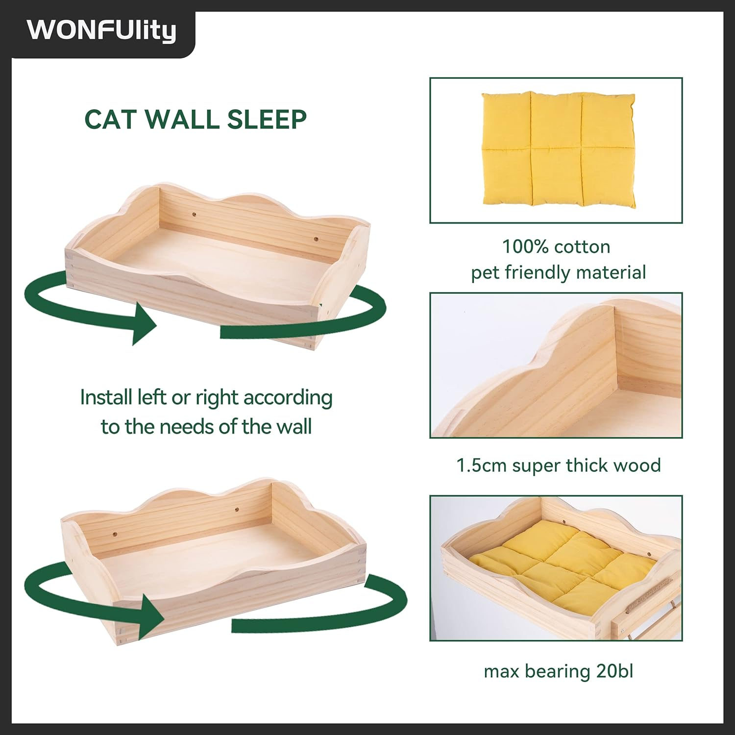 Wood Cat Hammock Perches Wall Mounted Wood Climbing Shelf with Sisal Scratching and Climbing Brid Step Modern Cat Bed