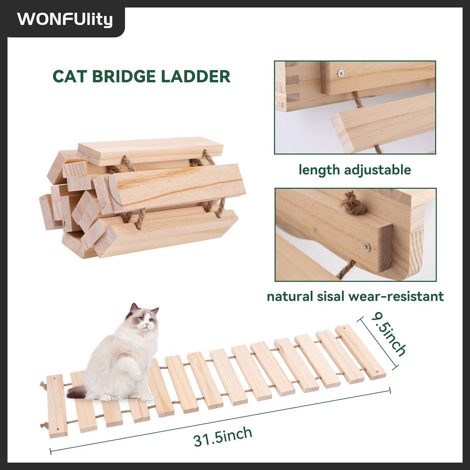 Wood Cat Hammock Perches Wall Mounted Wood Climbing Shelf with Sisal Scratching and Climbing Brid Step Modern Cat Bed