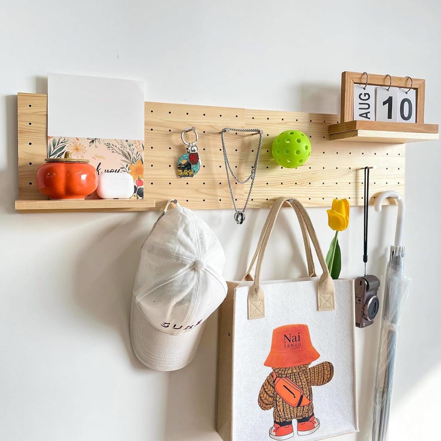 JUNJI Wooden Pegboard Peg Board Accessory Kit Modular Hanging for Wall Organizer for Entry Way Home Kitchen Organizer