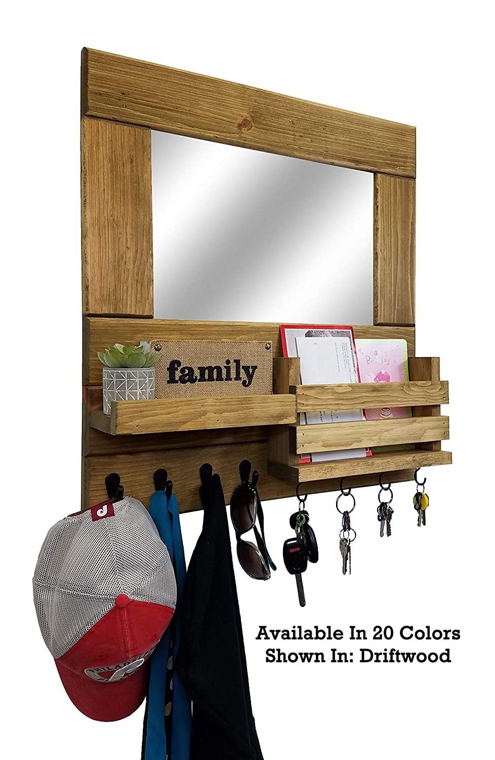 JUNJI    Mirror Mail Holder Shelf with Hooks Key Holder Wall Shelf Rustic Farmhouse Wooden Mail Organizer