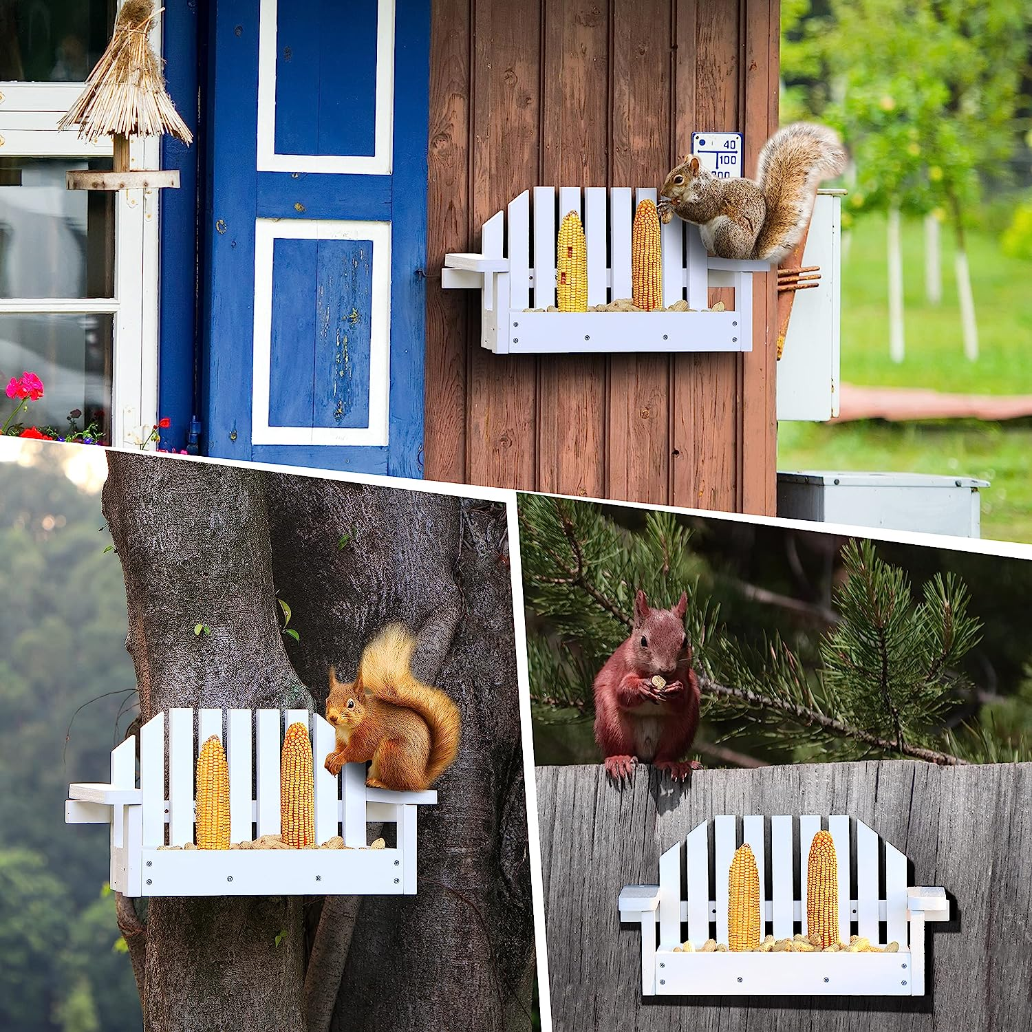 Wooden Squirrel White Bench Squirrel Feeder for Outside Environmentally Friendly Wood Animal Outdoor Garden Bird Feeder