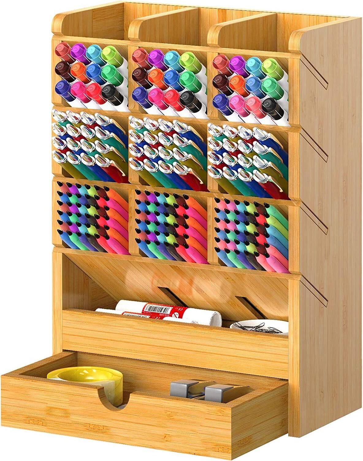 Bamboo Wood Brush Desk Organizer Holder With 14 Drawers For Collecting Pencils Markers Highlighters Makeup Brushes And Sewing