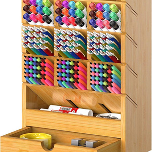 Bamboo Wood Brush Desk Organizer Holder With 14 Drawers For Collecting Pencils Markers Highlighters Makeup Brushes And Sewing