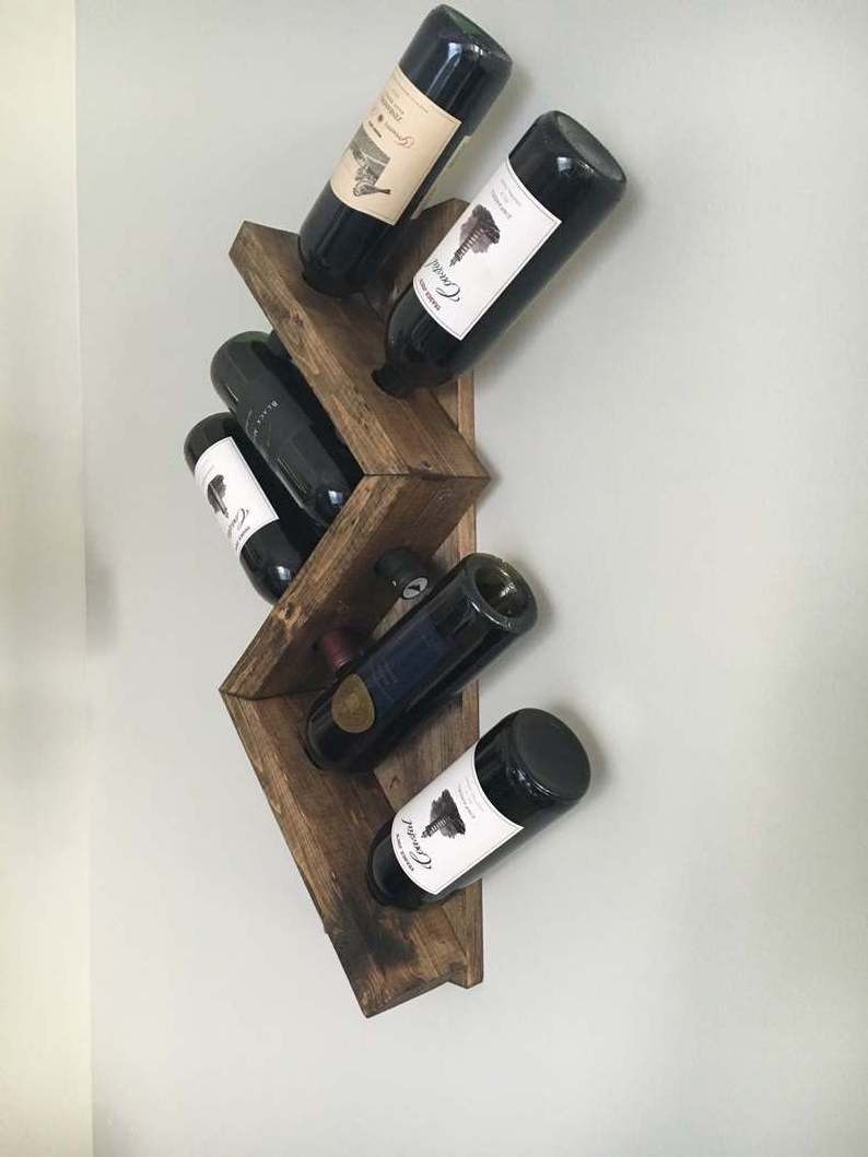 JUNJI Zig Zag Wine Rack  Z Geometric Wall Mounted Rustic Wood Wine Bottle Display Chunky Primitive