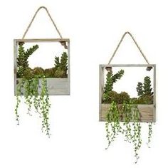 JUNJI Air Plant Artificial Succulent in Decorative Hanging Wood Frame Home Wall Hanging Decor Wood Flower Pot