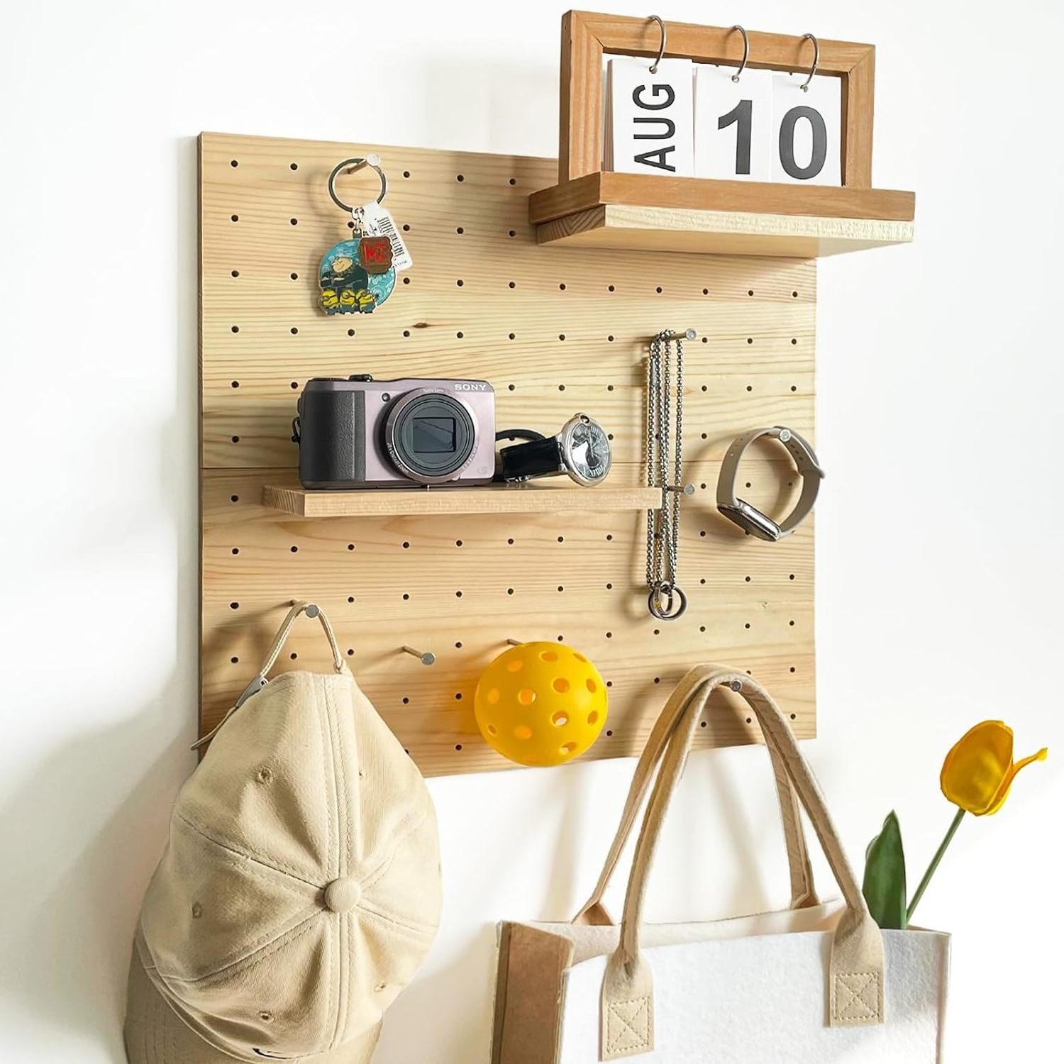 JUNJI Wooden Pegboard Peg Board Accessory Kit Modular Hanging for Wall Organizer for Entry Way Home Kitchen Organizer