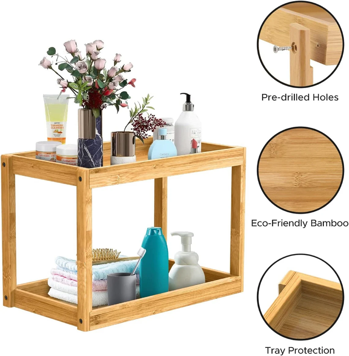 JUNJI 2 Tier Bamboo Bathroom Organizer Countertop for Bathroom Wood Counter Storage Kitchen Sink Organizer