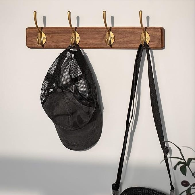 Hanger wall mounted wooden hat rack and hanger wall hanger with 4 gold hooks