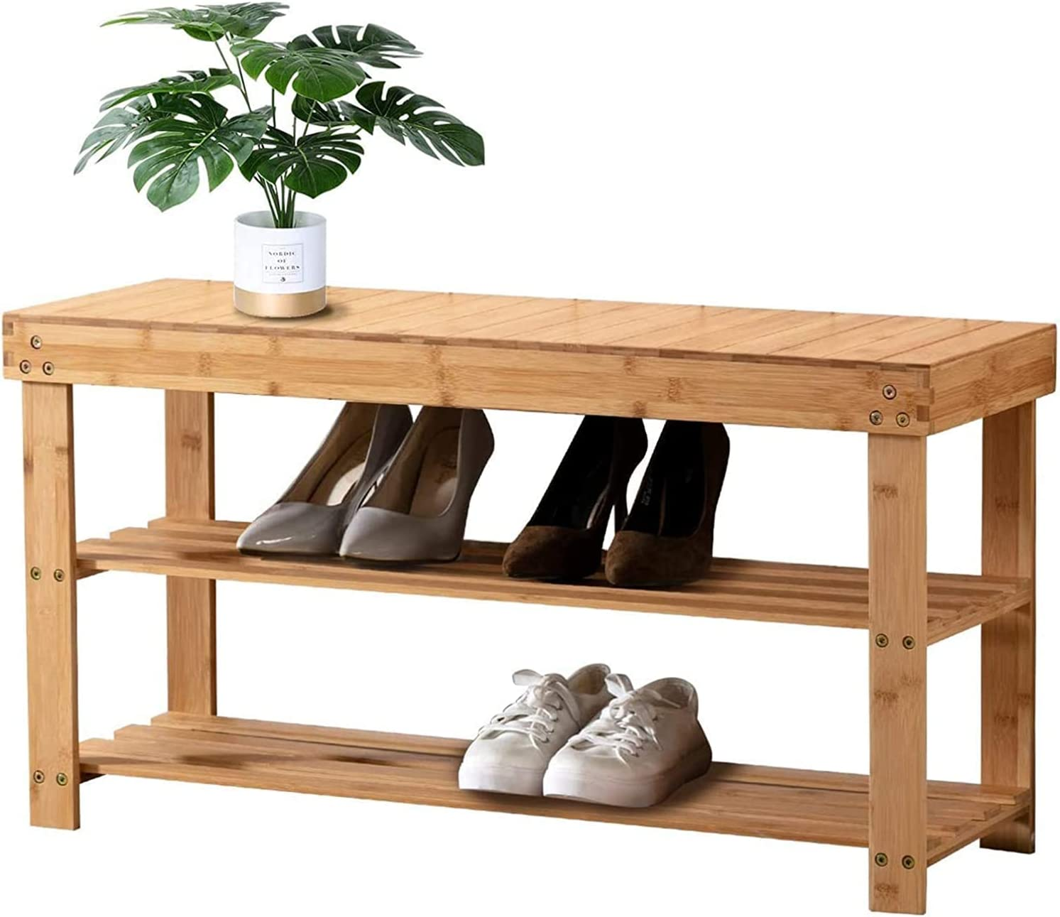 Natural Home Shoe Rack Bench Storage Organizer 3 Tier Rustic Bamboo for Perfect Entryway Bedroom Bathroom Living Room Hallway