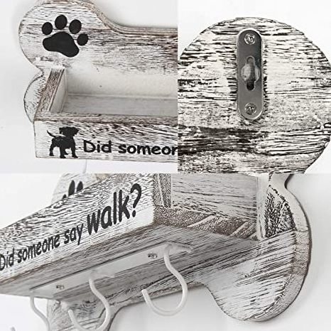 JUNJI Rustic Bone Shape Wood Wall Mounted Dog Leash Holder with 3 Key Hooks Home Decor Wood Pet Treats Box Shelf