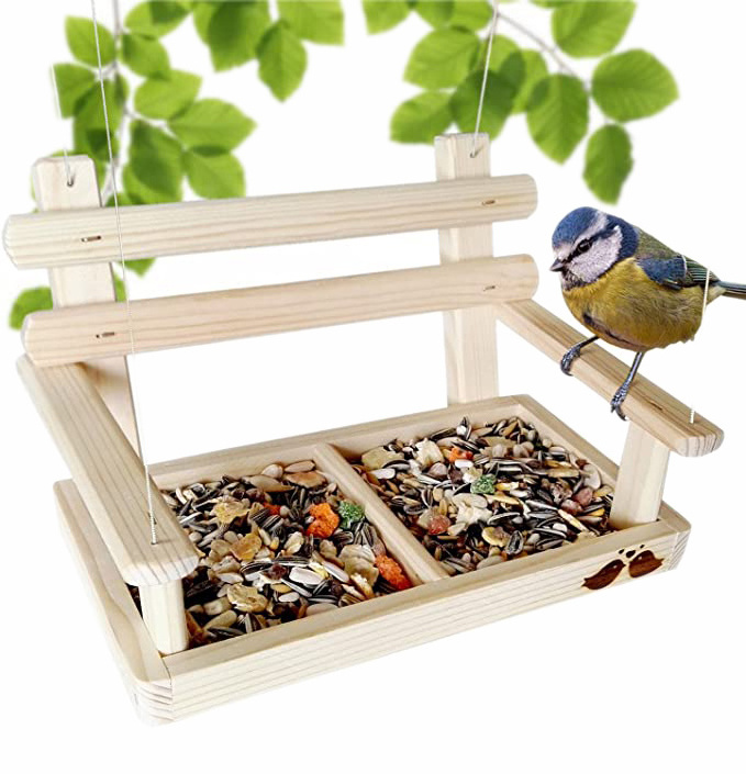 Customized Handmade Wooden Hanging Bird Feeder Feeding Table For Wild Birds Wood Swing Seat Feeder