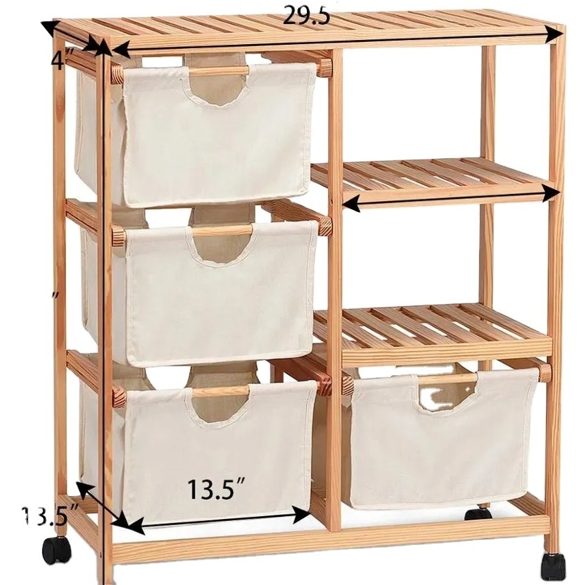 JUNJI Home Furniture Wood Hamper Storage Cart 2 Section Rolling Storage Shelf Unit Fabric Drawers Basket and 4 Wheels