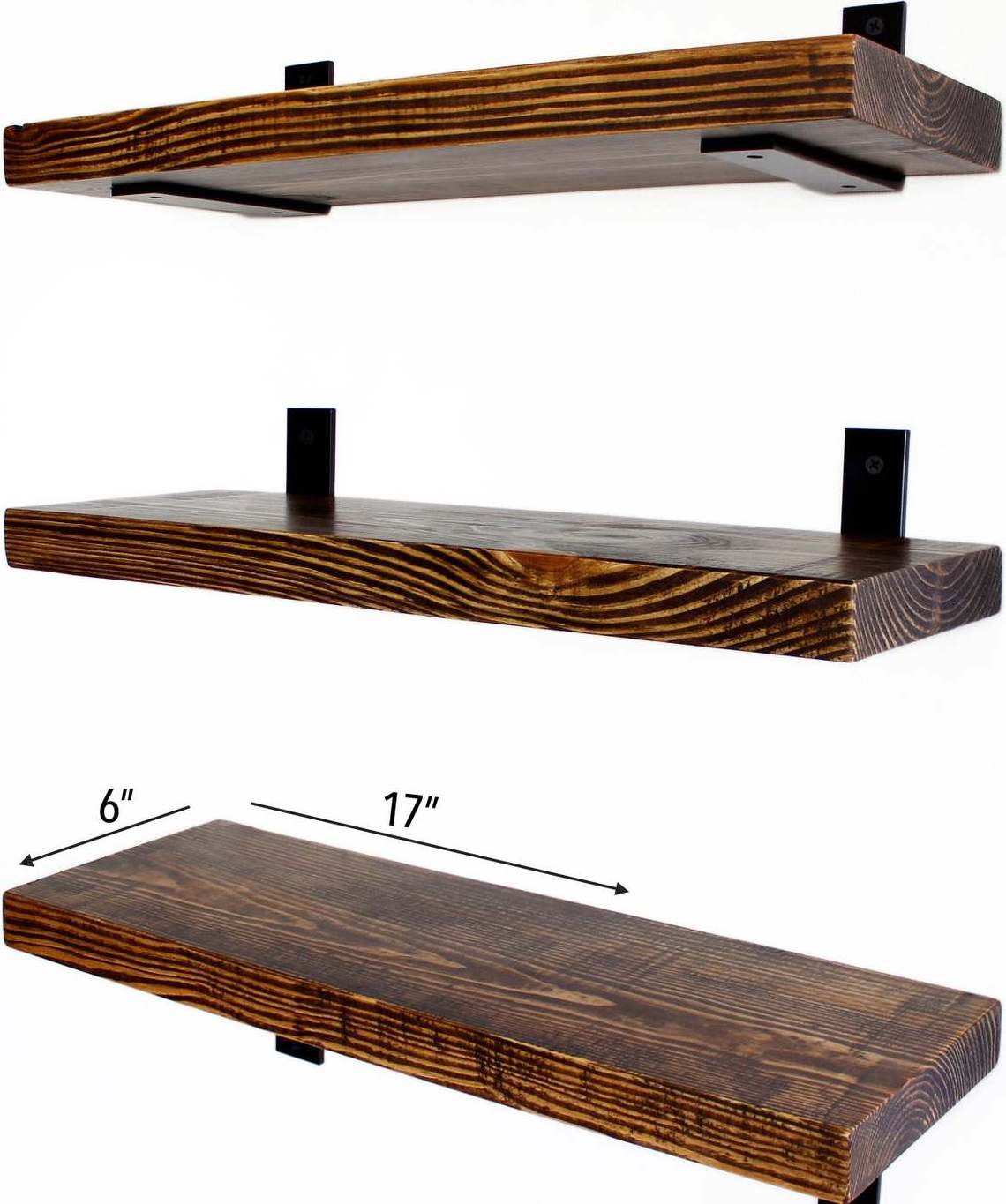 Wooden 3 Tier Wall Shelf Natural Pine Carbonized  Farmhouse Floating Shelf Wall Mounted for Bathroom Kitchen