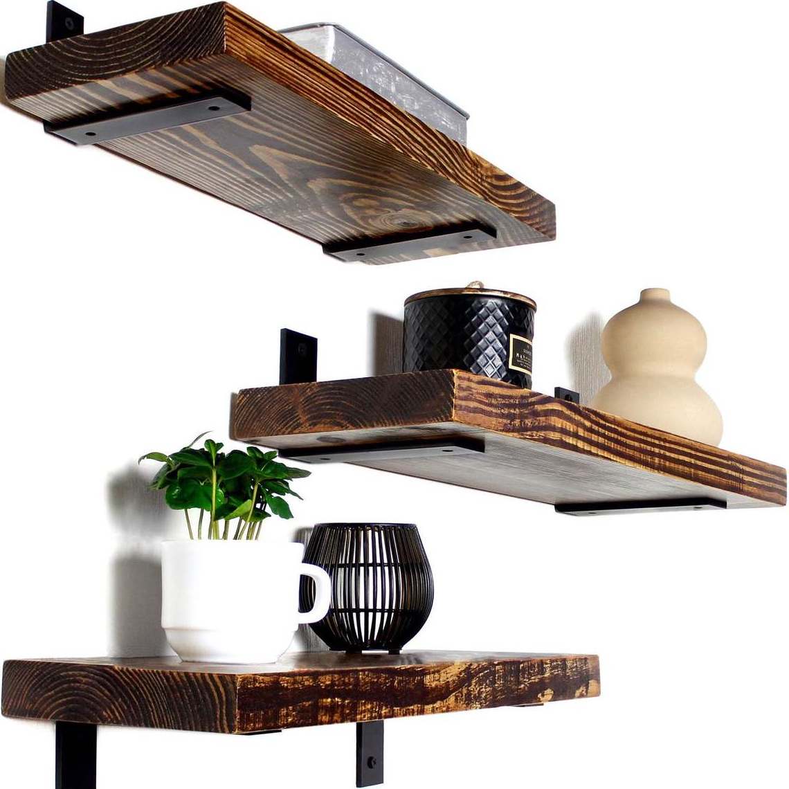 Wooden 3 Tier Wall Shelf Natural Pine Carbonized  Farmhouse Floating Shelf Wall Mounted for Bathroom Kitchen