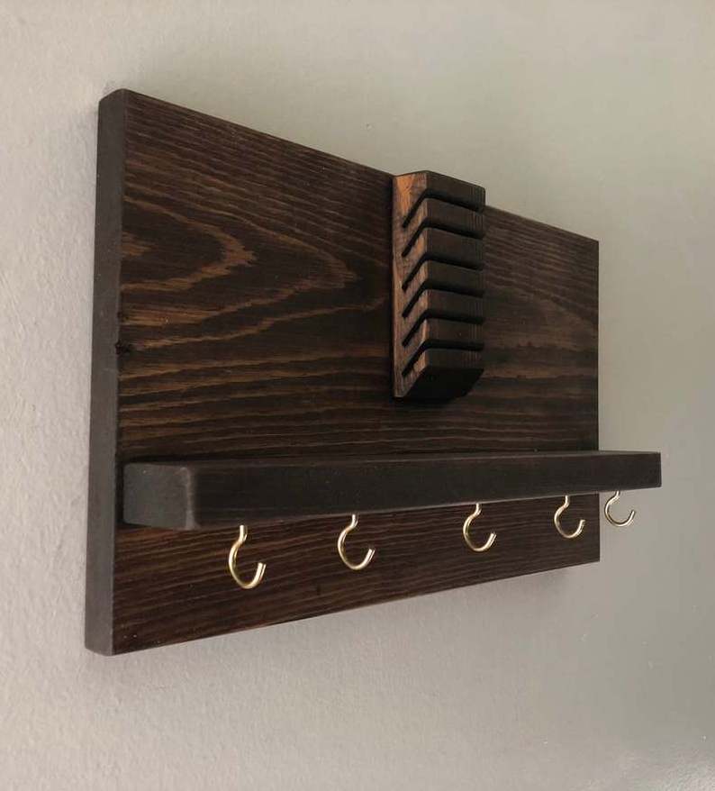 Rustic wooden mail holder rack and entryway organizer coat display wall shelf with hooks