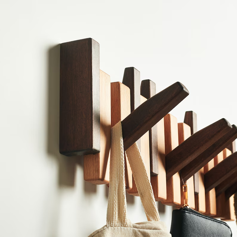 Solid Wood Piano Coat Rack Wall Mounted Handmade Coat Hat Hanger Backpack Holder Flip Down Piano Keys Shaped Hook Rack