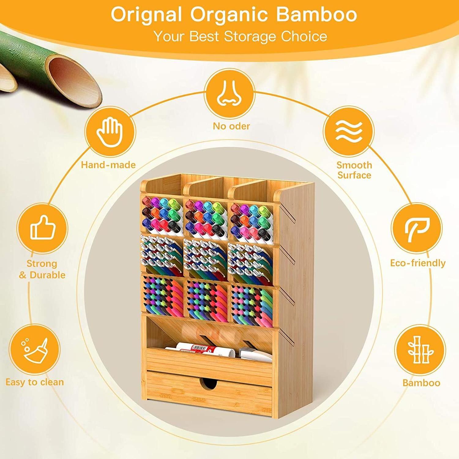 Bamboo Wood Brush Desk Organizer Holder With 14 Drawers For Collecting Pencils Markers Highlighters Makeup Brushes And Sewing