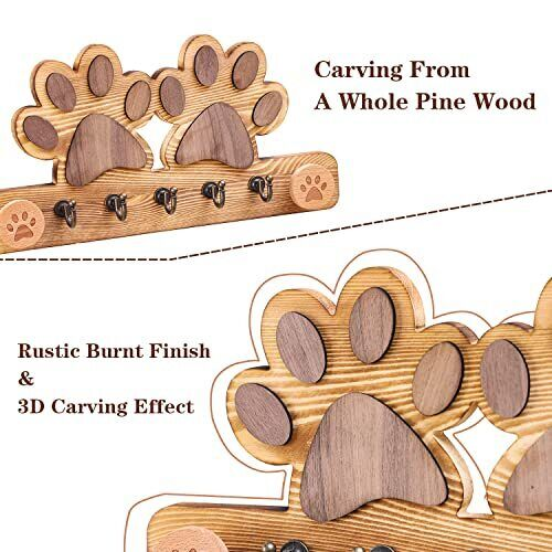 Farmhouse Wood Dog Leash Shelf and Key Holder for Wall Decorative Dog Paw Shape Wall Mounted Wood Entryway Shelf