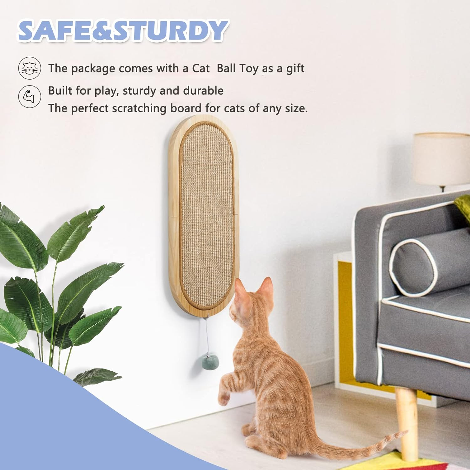 Cat Wall Scratching Post SisalFloor Wall MountCat Scratching wooden Board for Couch Protector Cat Wall Scratcher with Ball Toy